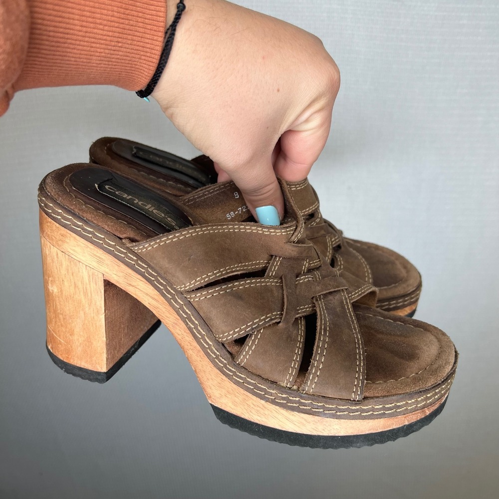 Candies Vintage 90 Brown Woven Platform Slide Sandals Block Heel Size 8 58-72338